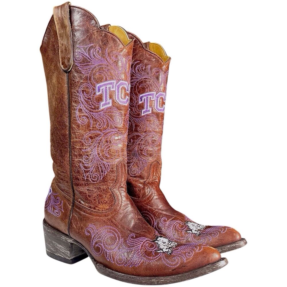 GameDay TCU Horned Frogs Cowboy Boots Brown Leather Size 8 Embroidered